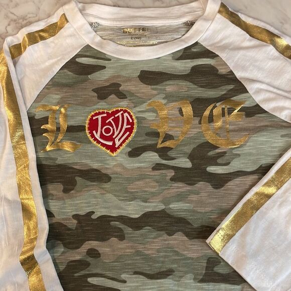 Nwot butter Super Soft Gold, Cream & Camo 3/4 Sleeve tunic top. Size 12/L - Picture 2 of 8